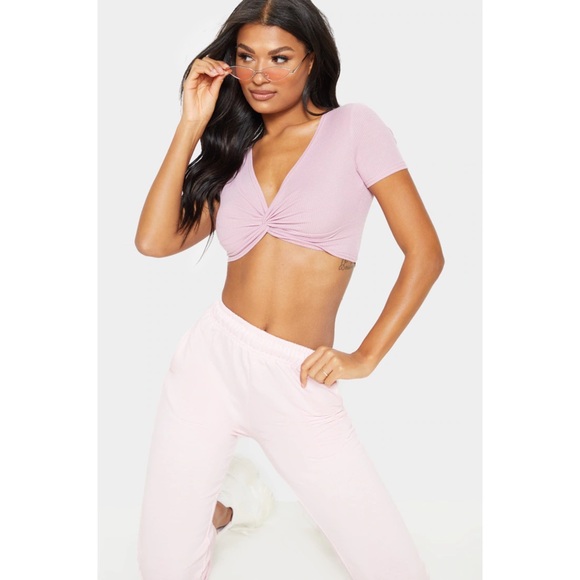 Baby Pink Rib Knot Front Short Sleeve Crop Top US0 NEW - Picture 3 of 8